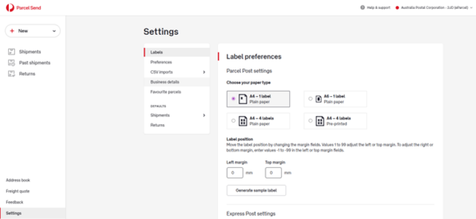 Screenshot of Parcel Send platform on the Settings screen in the label preferences tab