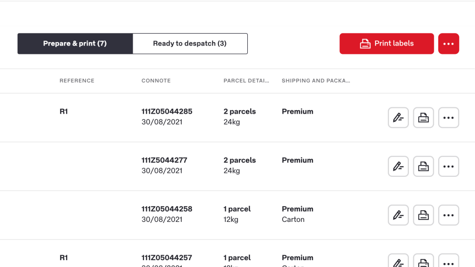 Screenshot of Shipments overview page which shows ‘2 parcels’ under the Parcel details column.