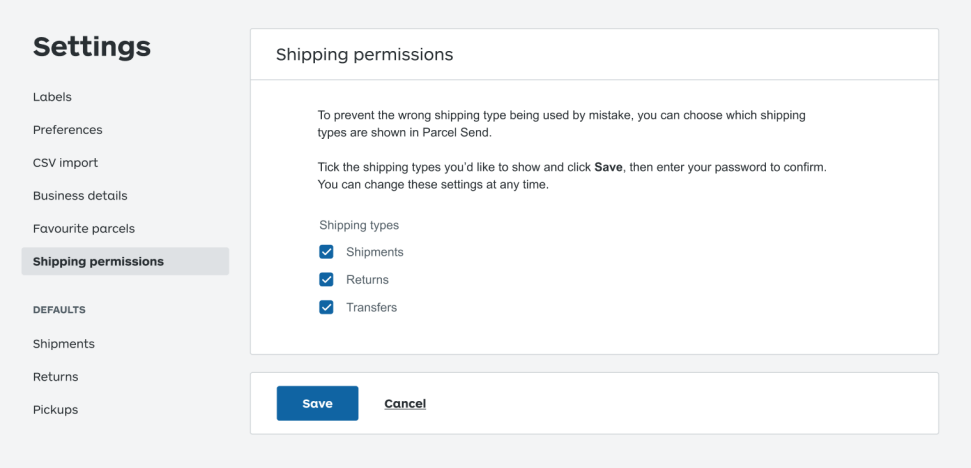 The Shipping permissions screen in Settings