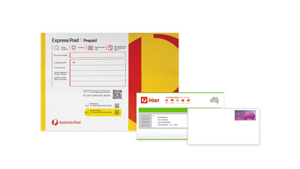 Three prepaid envelopes: small regular envelope, domestic letter with tracking envelope, large express post prepaid envelope