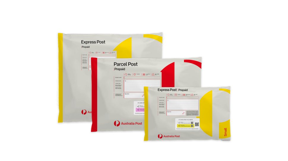 Three prepaid satchels: one is a small Express Post prepaid, one is a large Parcel Post prepaid and one is a large Express Post prepaid