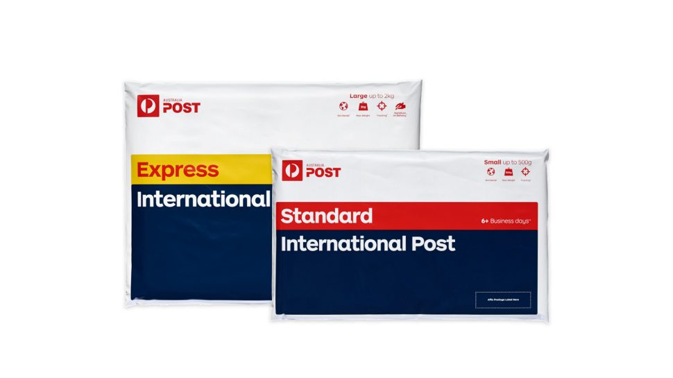 Two International Post prepaid satchels: One Express and one Standard. 
