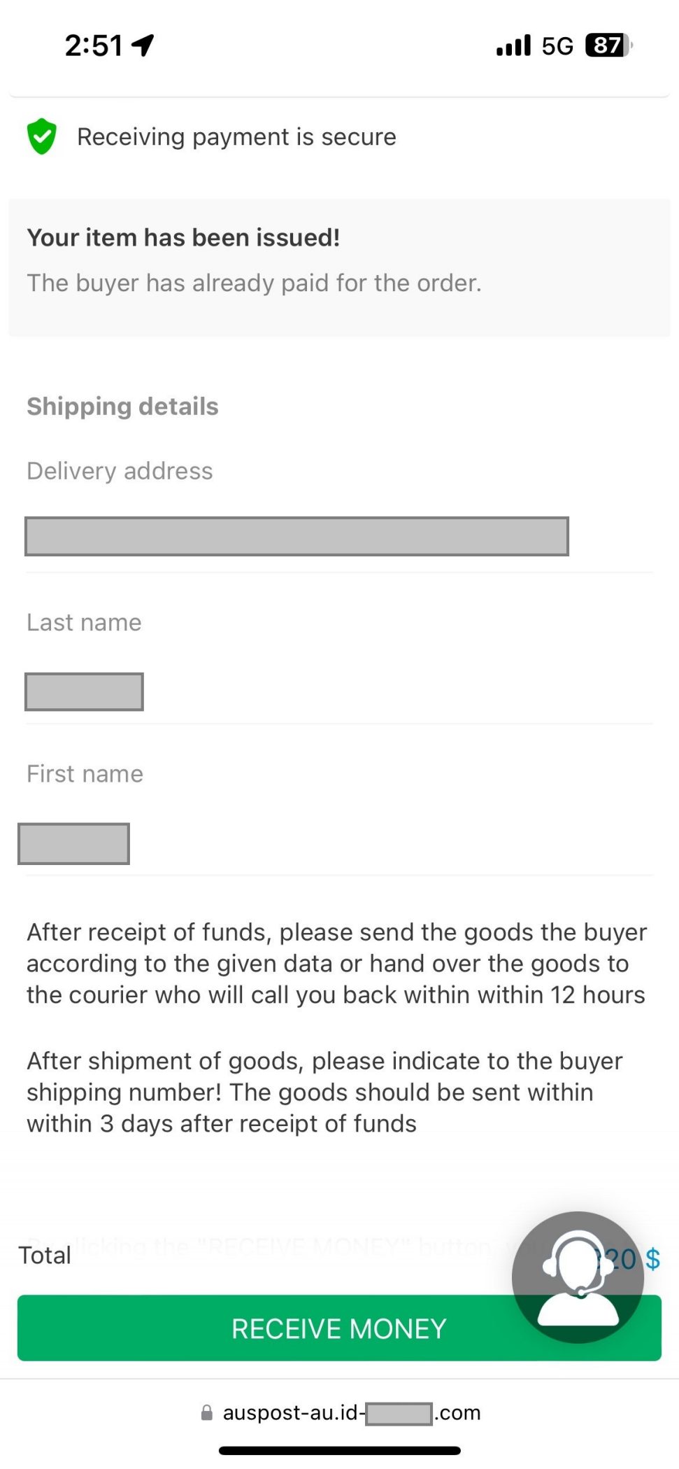 Screenshot of a mobile payment confirmation interface showing a green check mark with text indicating secure payment receipt, details of an item issued, and instructions for shipping within 12 hours. Fields for entering delivery address and names are visible, along with a ‘RECEIVE MONEY’ button and a suspicious URL at the bottom.
