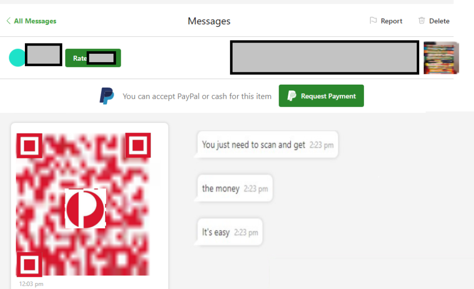 Screenshot of a messaging app showing a conversation where a QR code is sent with messages suggesting that scanning the code will result in receiving money