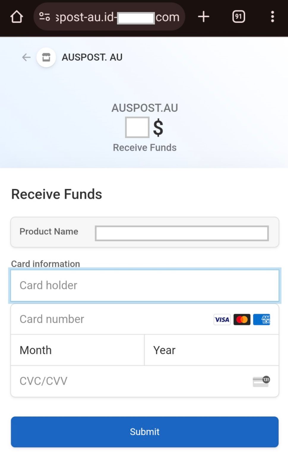 Screenshot of a payment interface on the AUSPOST AU website, with fields for entering product name and card details including card holder’s name, card number, expiration date, and CVC/CVV code, along with Visa and Mastercard logos, and a ‘Submit’ button for completing the transaction.