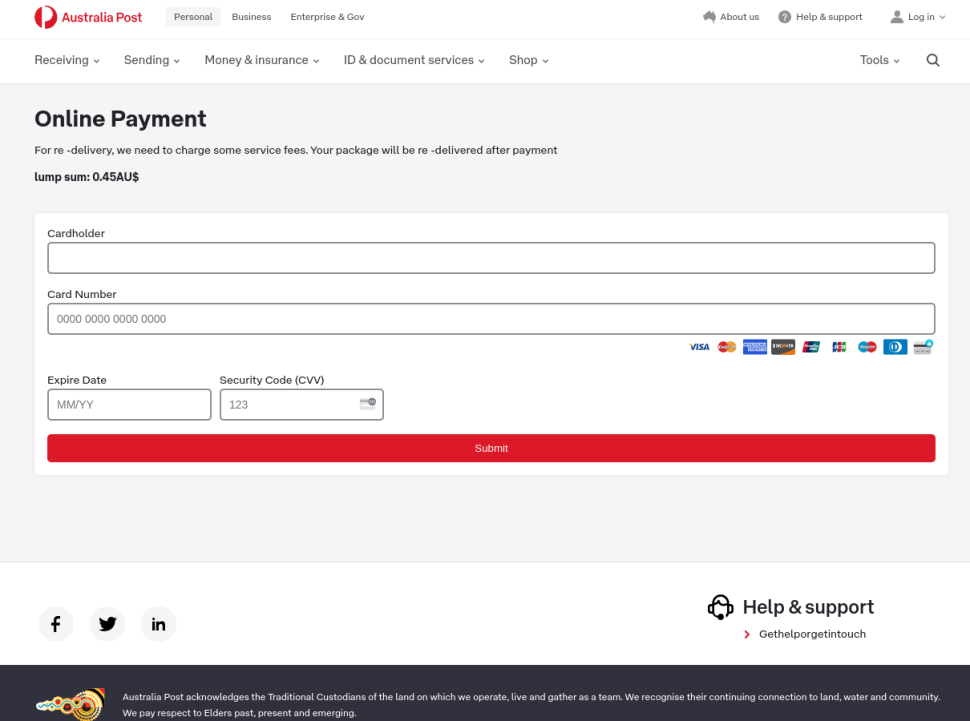 A screenshot of the Australia Post online payment page, displaying a form for card payment details with fields for cardholder name, card number, expiry date, and CVV. Icons for various accepted credit cards are shown. A prominent red ‘Submit’ button is below the form. The page footer includes social media links and an acknowledgment of the Traditional Custodians of the land.