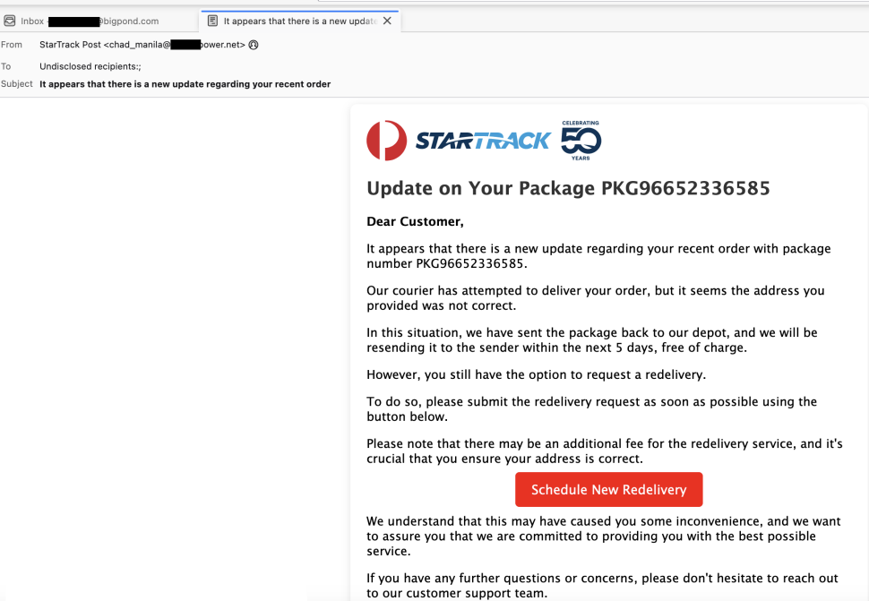 Screenshot of a scam alert email claiming there’s an update on package number PKG96652336585 and urging recipients to schedule a new delivery by clicking on a provided link.