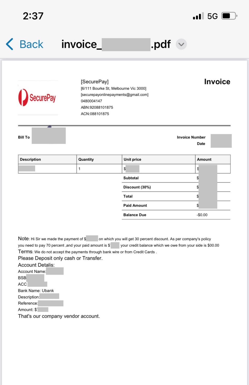 Screenshot of a pdf is shown with SecurePay logo and some transactional details on a table. The name, account details, transactional values are masked.
However it shows that a 30% discount is offered and that the remaining balance has to be paid to a bank account.