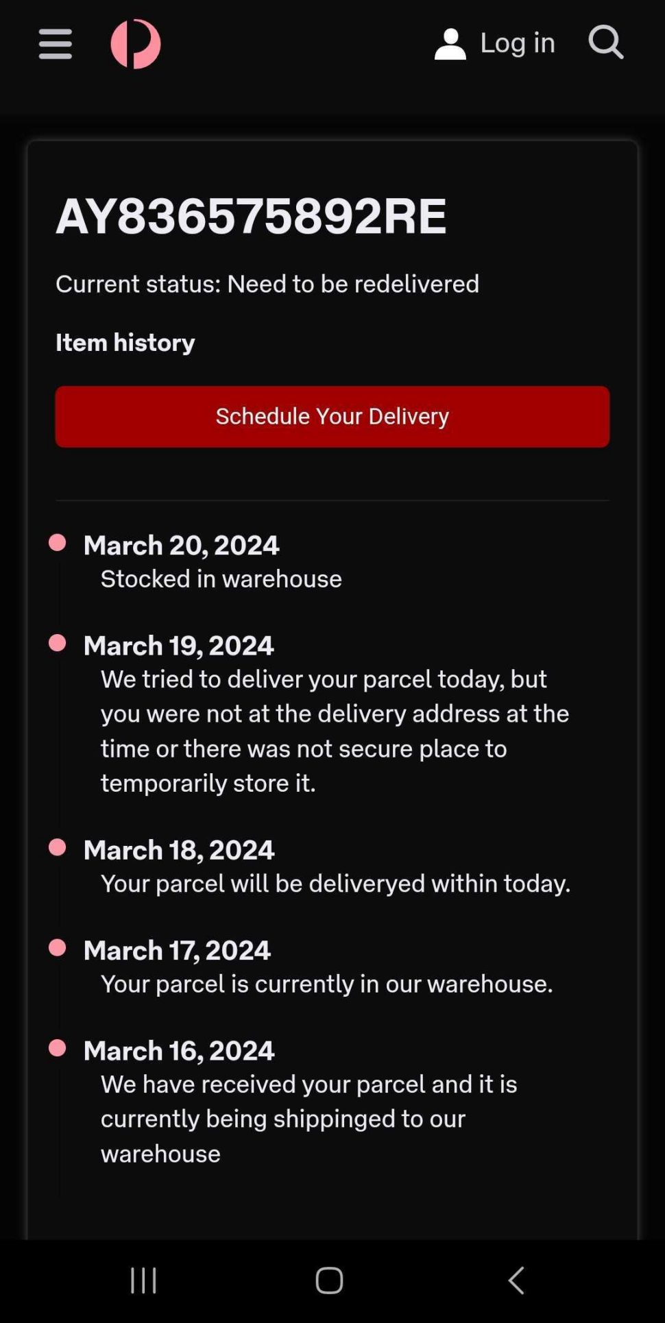 Mobile app screenshot displaying a package tracking status with a red and black color scheme. The tracking number ‘AY836575892RE’ is shown with the status ‘Need to be redelivered.’ A ‘Schedule Your Delivery’ button is present, and the delivery history indicates multiple attempts and current holding at the warehouse.