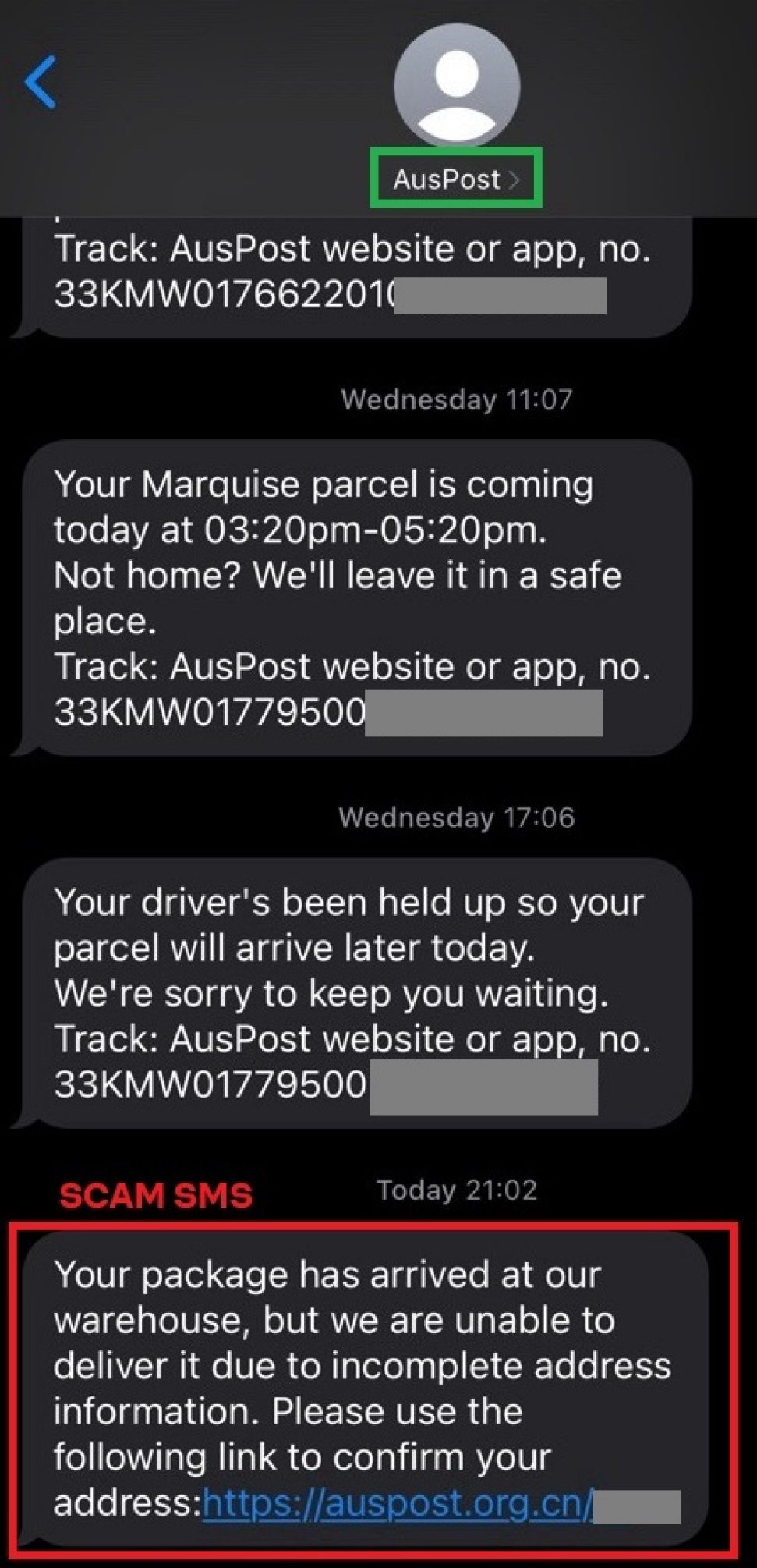 This is a screenshot of a conversation thread with text messages from "AusPost." The first three messages provide legitimate tracking updates, but the last message, marked with "SCAM SMS," falsely claims the package is at a warehouse and cannot be delivered due to incomplete address information. It includes a link to "auspost.org.cn," a phishing URL designed to look similar to the official Australia Post website.