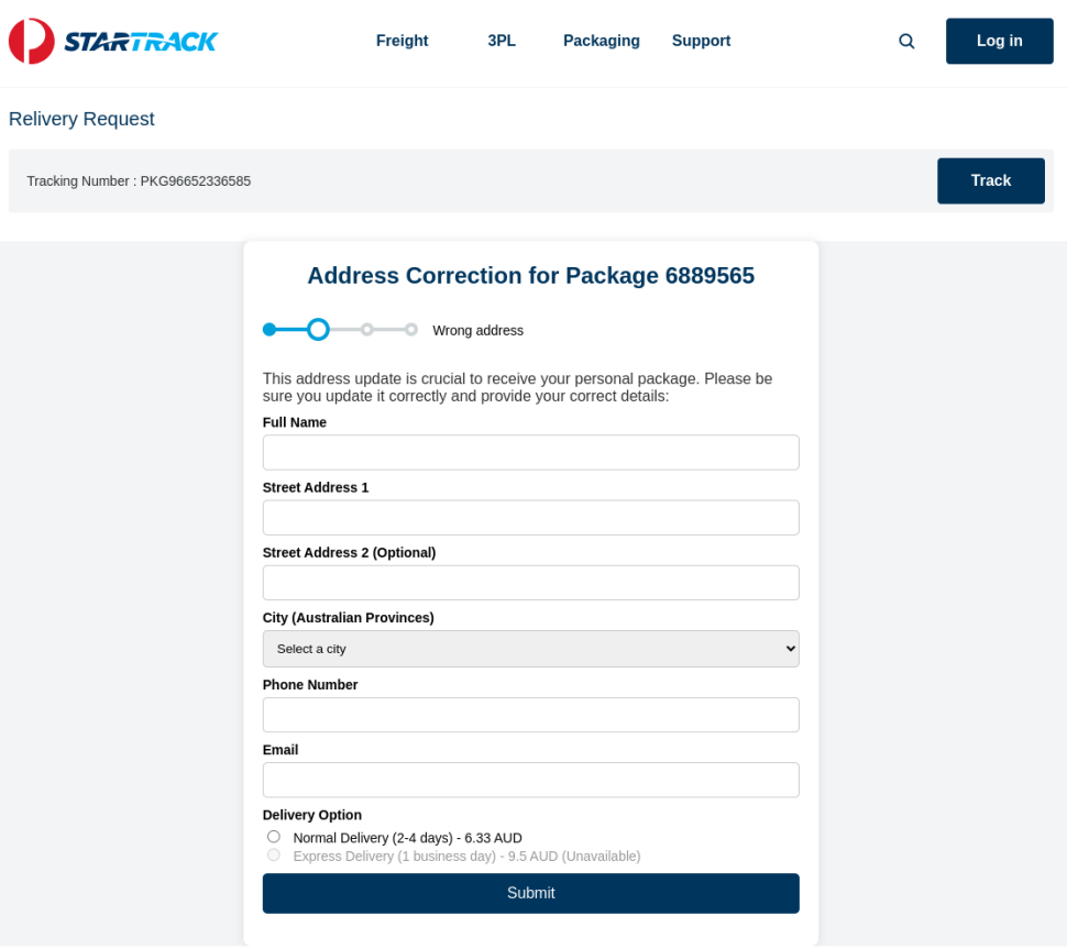 A webpage displaying a notification from "StarTrack" informing the recipient that their package is awaiting redelivery due to an incorrect address. It asks the recipient to update their address to ensure proper delivery. There is a "Correct Address" button for users to proceed with the address update. Links for various StarTrack support topics are listed below, such as "My StarTrack questions" and "Transit Warranty questions." The bottom of the page shows "StarTrack is a business of Australia Post.