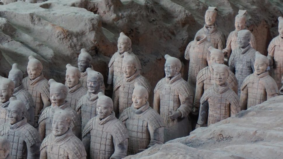 A view of a dozen terracotta soldiers in one of the pits at the Terracotta Museum in Xi’an. 