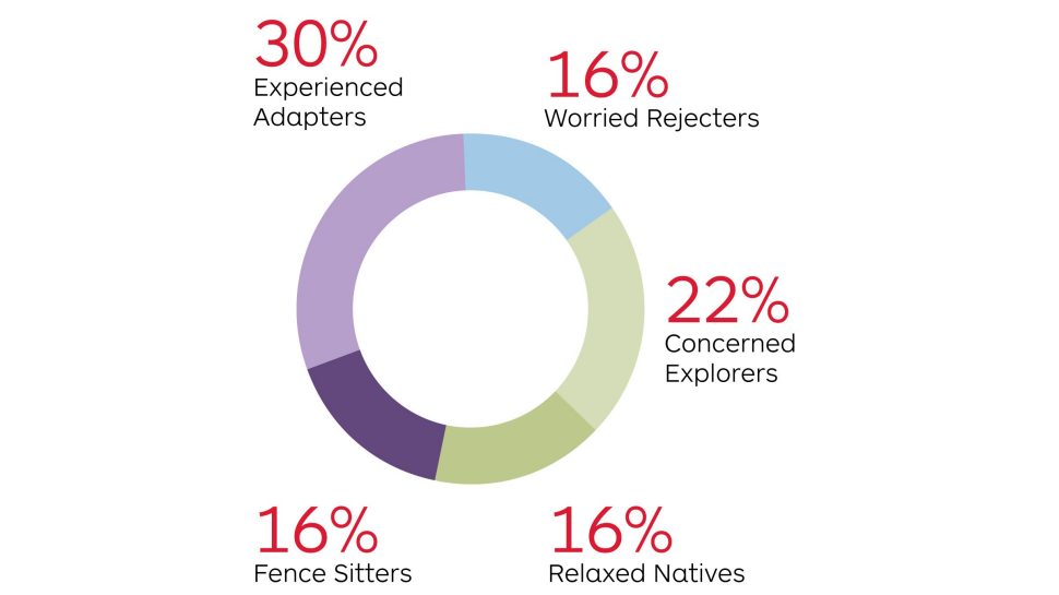 Circular graphic breaking down the demographics of digital behaviour:
31% enthusiasts
25% pragmatists
9% non-users
17% samplers
18% socialisers