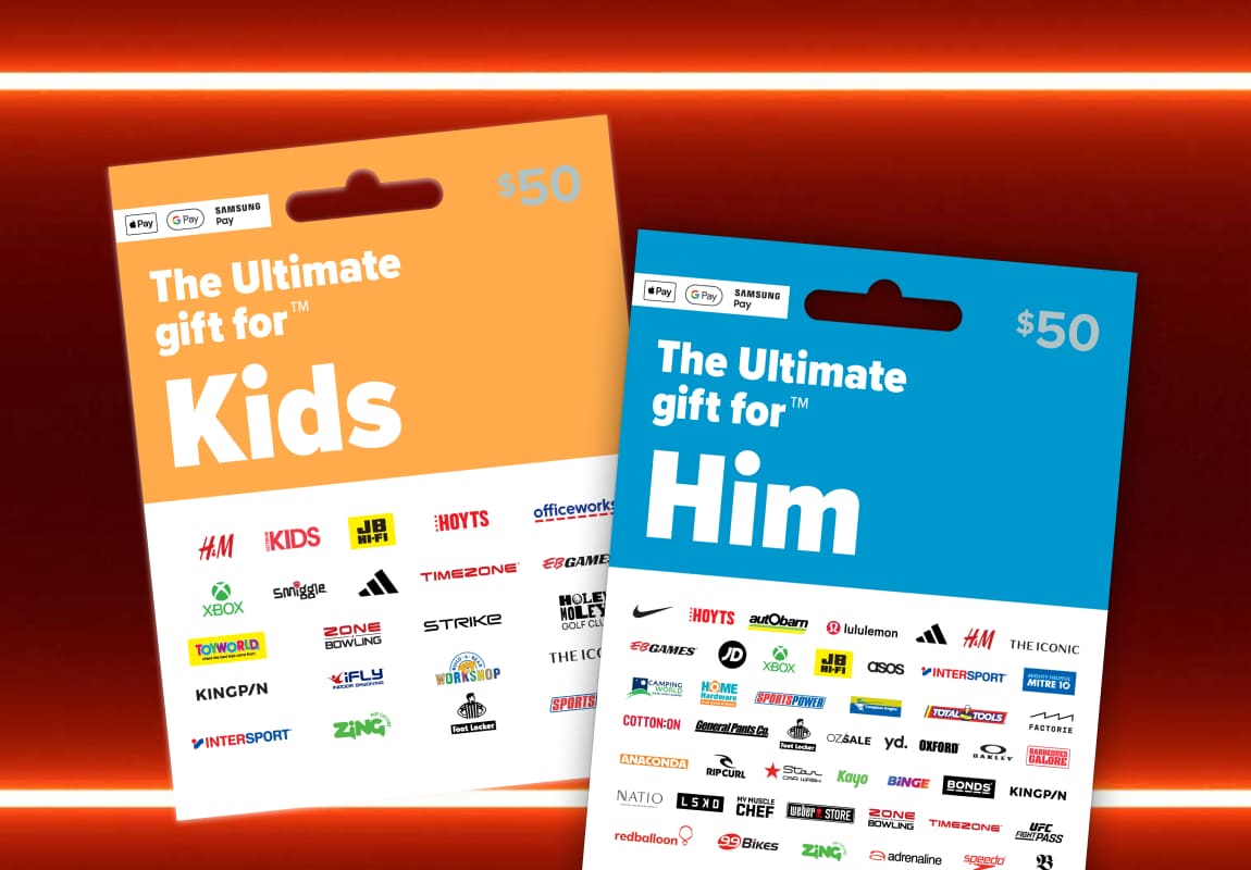 Ultimate gift cards for her and him on a red background