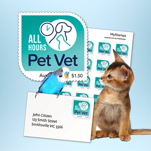 Personalised stamps depicting a veterinary business logo