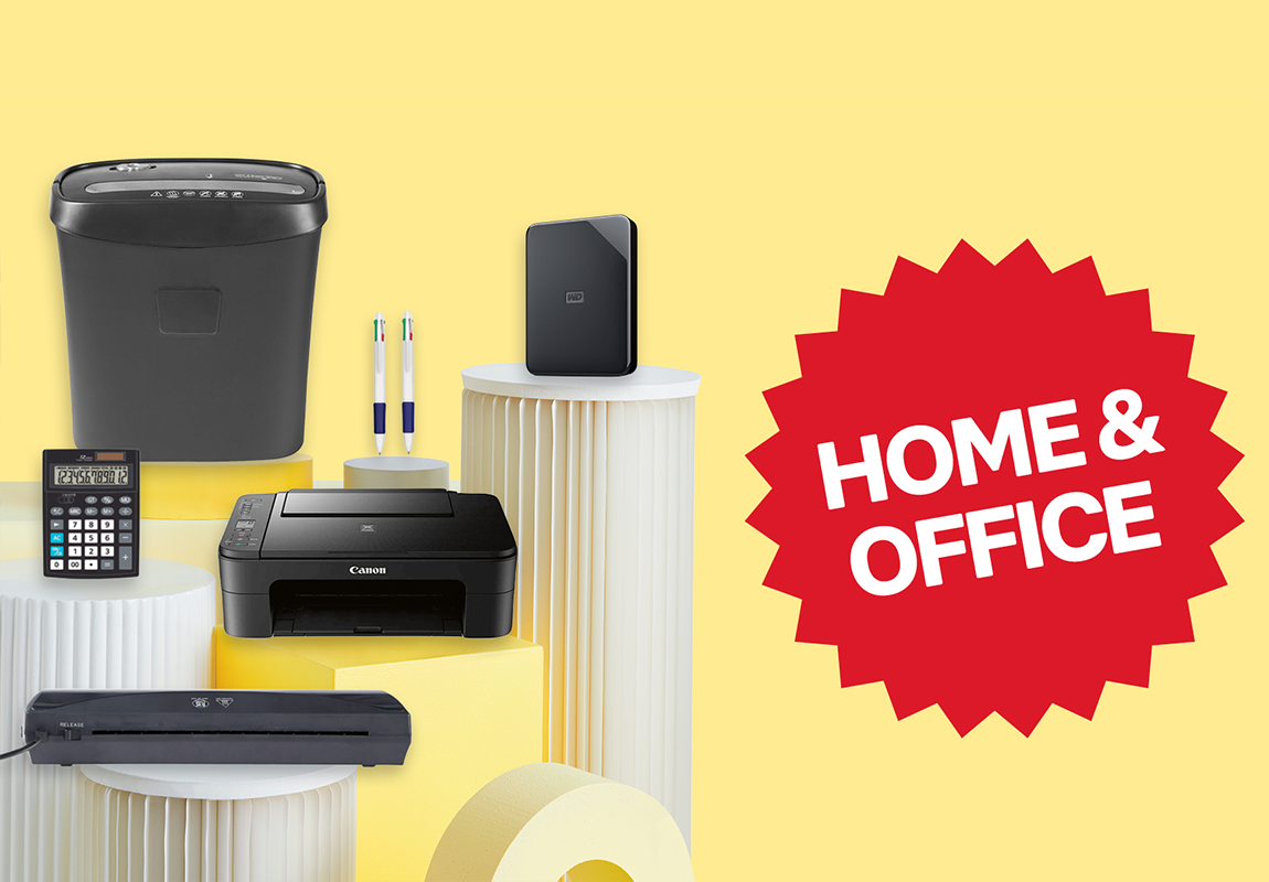 Electronics on yellow background with home & office logo