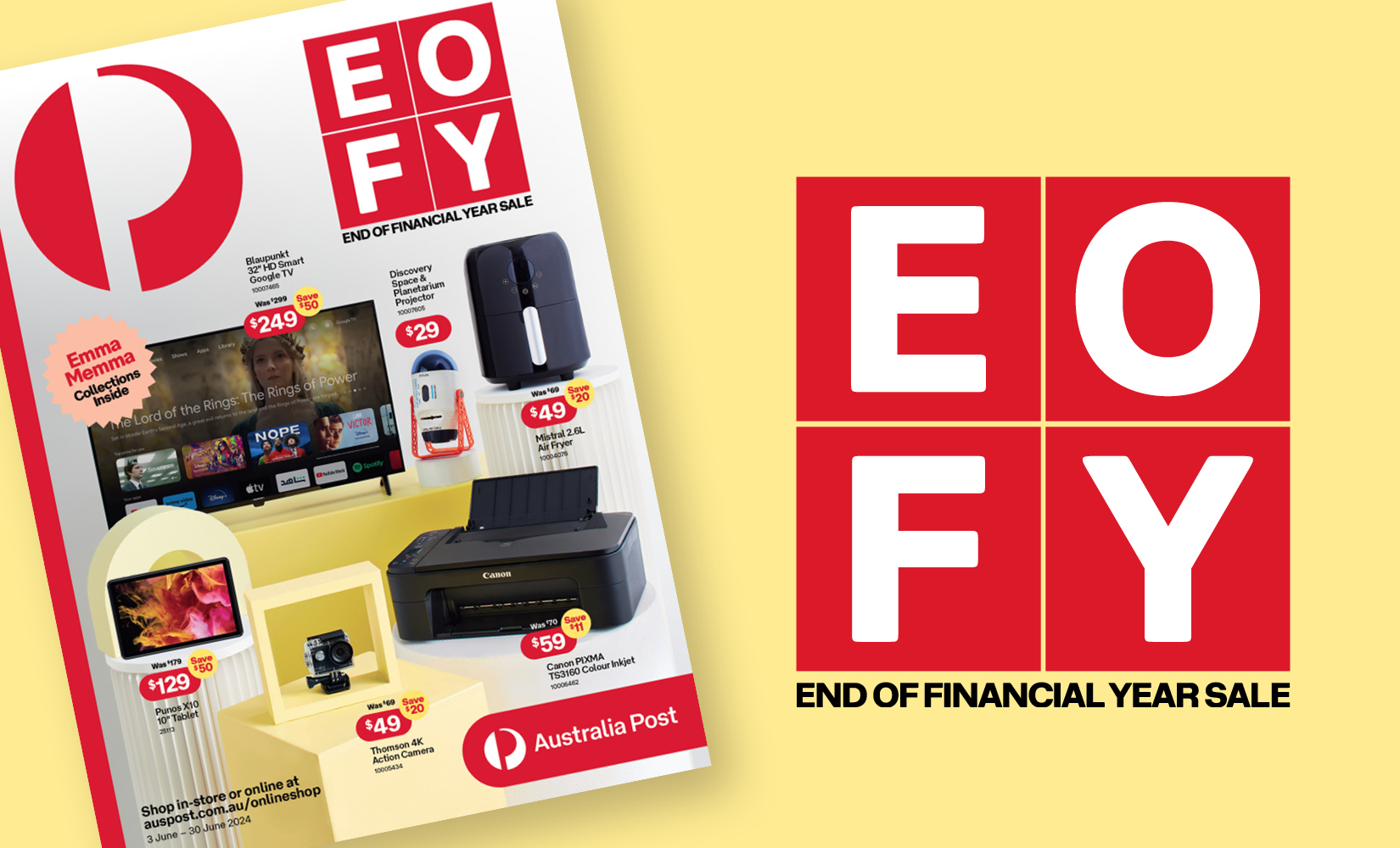 Electronics on yellow background with EOFY logo