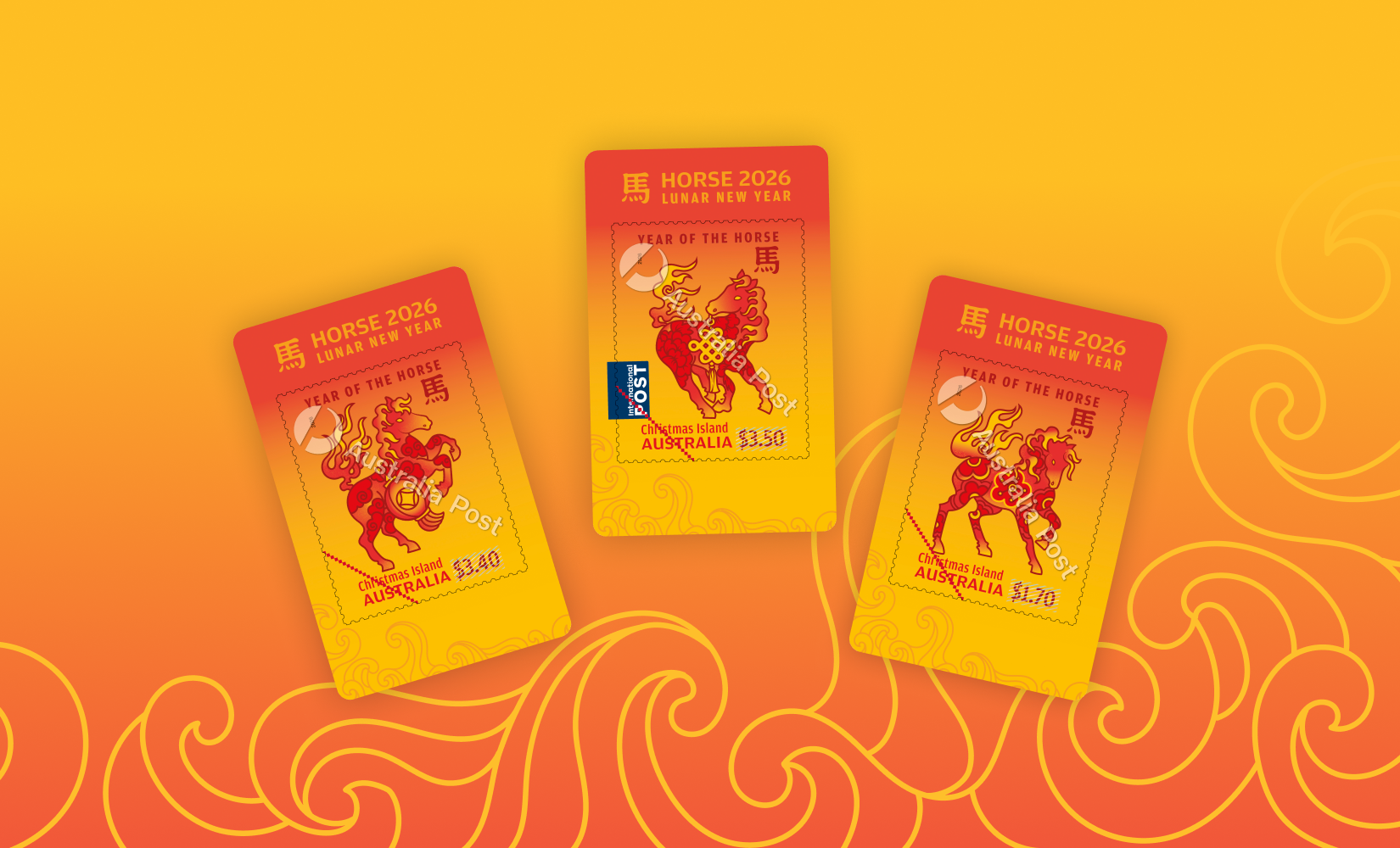 Three lunar new year themed digistamps floating on a bright yellow and orange background