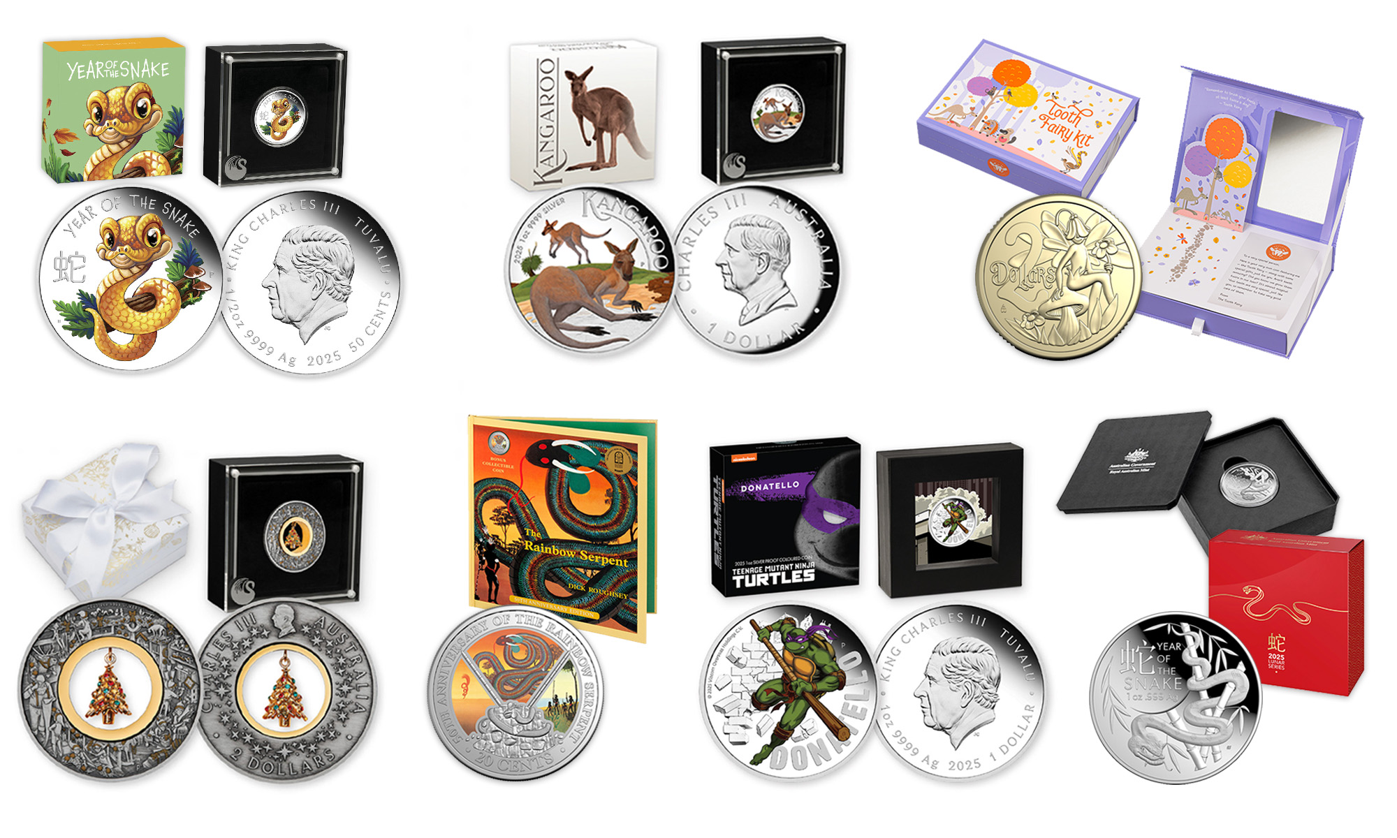 A range of coins displayed on a white background