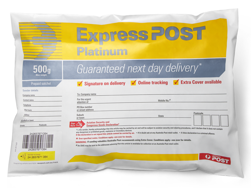 Express Post. Australia Post Satchel tracking Sticker. Extra additional products work do Business. Does we impair prepayment. Posting 500