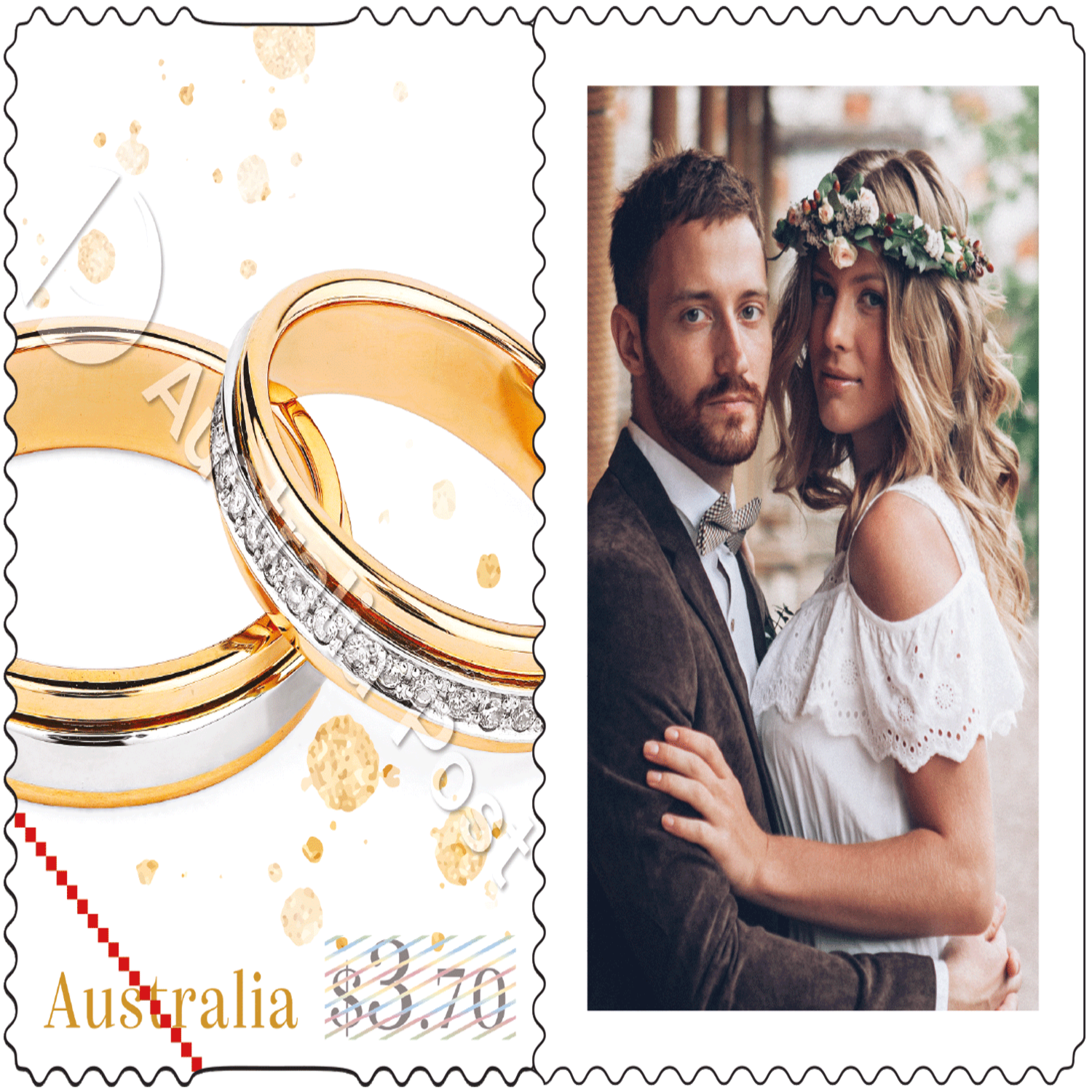 Sheet of 20 x $3.70 Personalised Stamps – Wedding Rings - Stamps