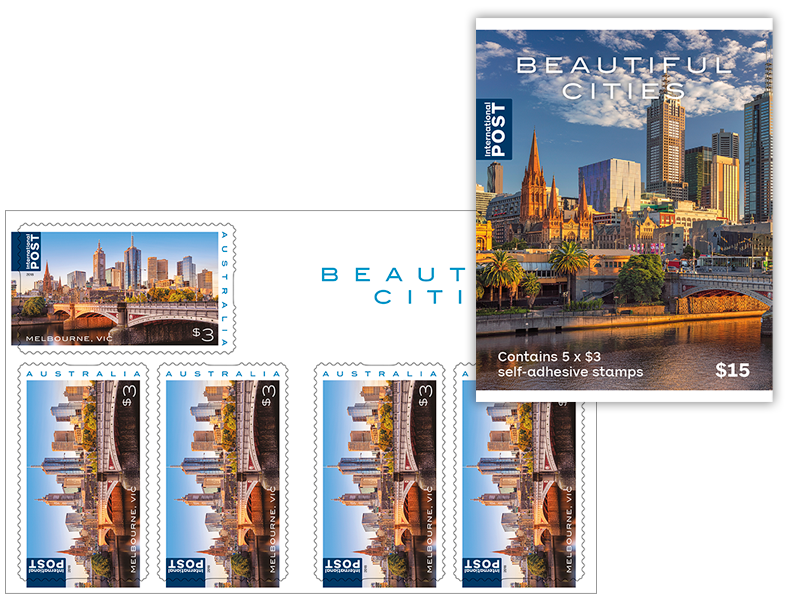 Sheetlet of 5x 3 Melbourne International Stamps Beautiful Cities