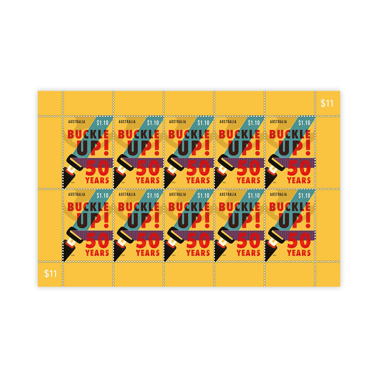 Sheetlet of 10x Buckle Up! 50 Years Stamps Buckle Up! 50 Years