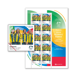Australia Team Win, Swimming: Women's 4 x 200m Freestyle Relay &ndash; Paris 2024 Olympics Gold Medal Stamps product photo