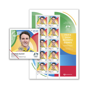 Cameron McEvoy, Swimming: Men&rsquo;s 50m Freestyle &ndash; Paris 2024 Olympics Gold Medal Stamps product photo