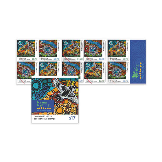 Ngana Nyitting &ndash; The Art of Kevin Bynder Self-Adhesive Booklet of 10 x $1.70 &ndash; Black Cockatoo, Blue River product photo Internal 1 DETAILS