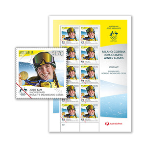 Josie Baff&nbsp;&ndash; Snowboard Women&rsquo;s Snowboard Cross &ndash; Milano Cortina 2026 Winter Olympics Gold Medal Stamps product photo