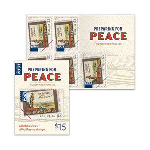 2026 ANZAC Day &ndash; Preparing for Peace Self-Adhesive Sheetlet of 5 x $3 product photo
