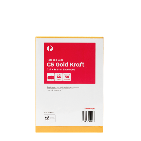 Australia Post C5 Gold Kraft Peel and Seal Envelopes Pack of 50 All