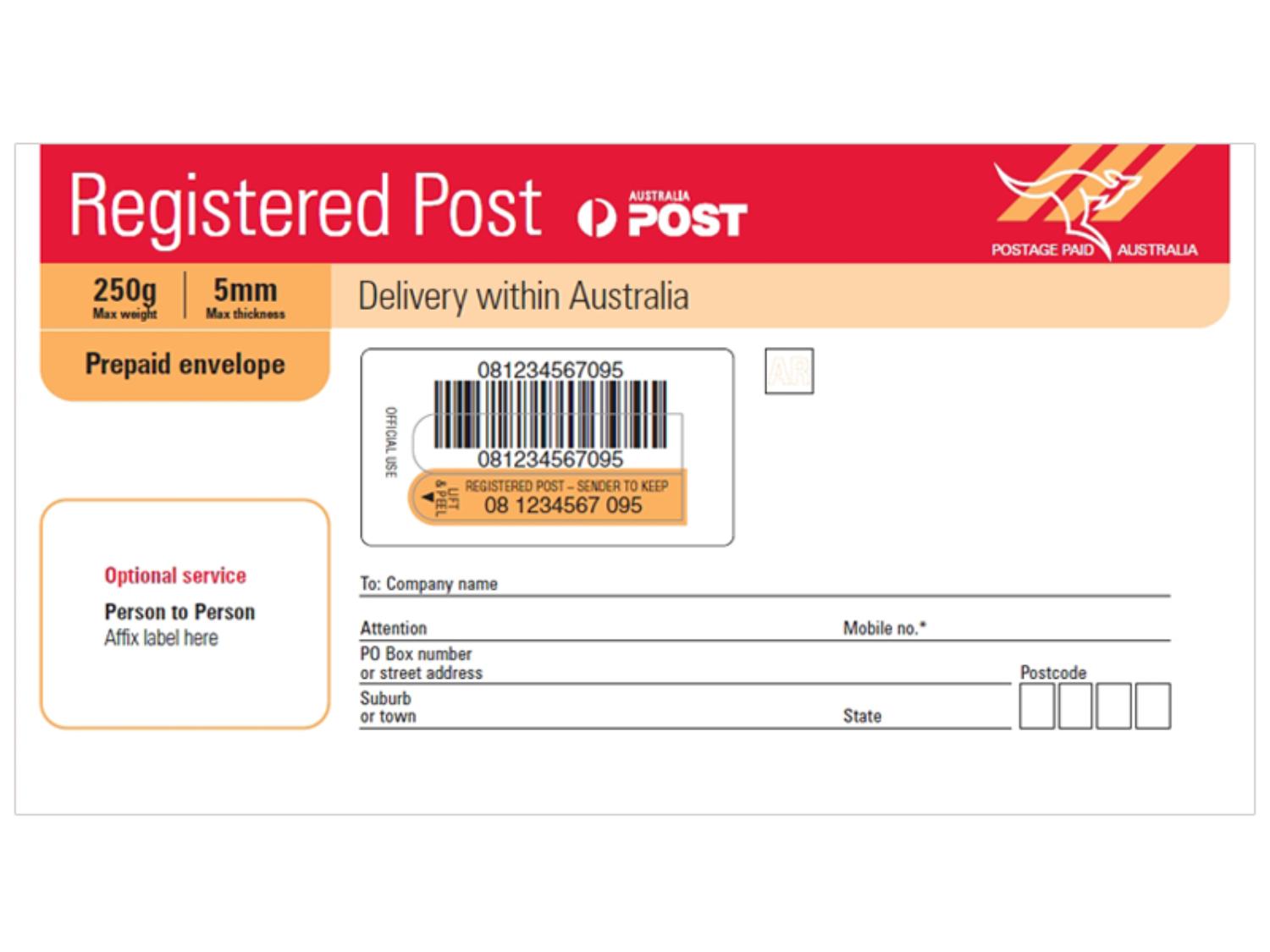 Registered Post Prepaid Envelope Small (DL) 10 Pack Registered Post