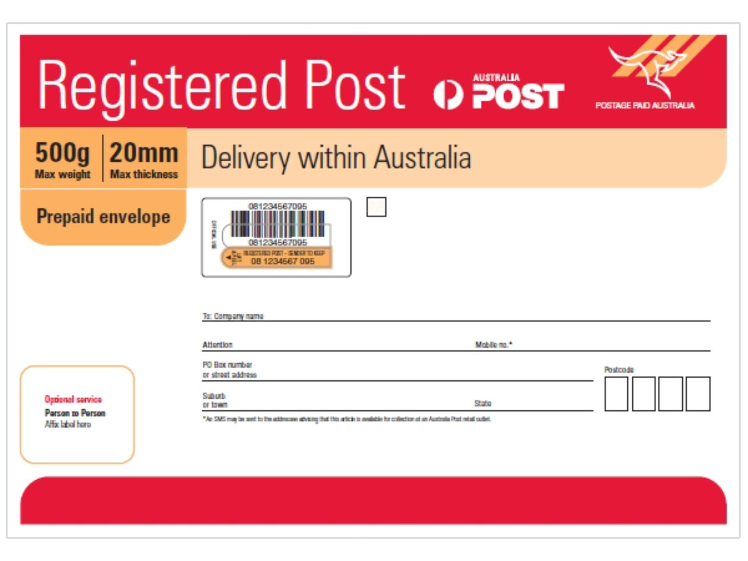 Registered Post Prepaid Envelope Large (B4) 10 Pack Registered Post