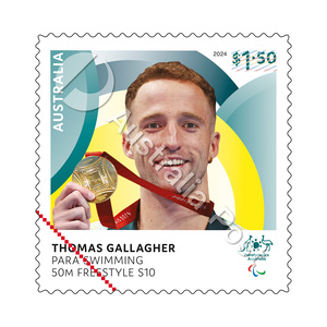 Thomas Gallagher, Para Swimming: Men's 50m Freestyle S10 – Paris 2024 Paralympic Gold Medal Stamps product photo