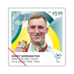 Korey Boddington, Para Cycling Track: Men's C4-5 1000m Time Trial – Paris 2024 Paralympic Gold Medal Stamps product photo